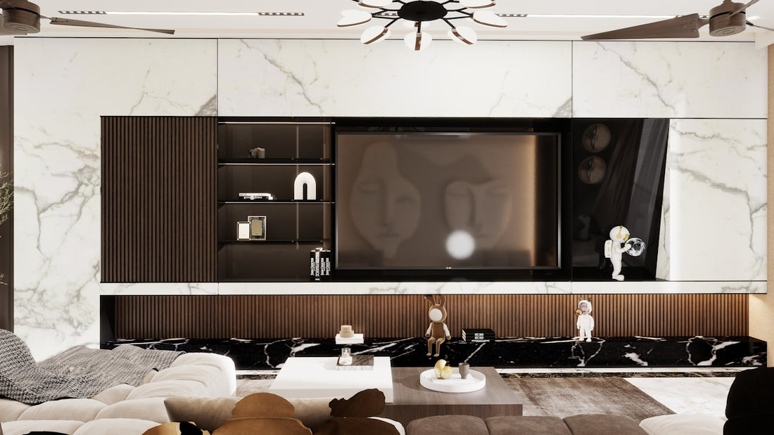 Modern living room with large television and marble accents