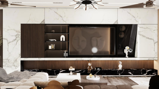 Modern living room with large television and marble accents