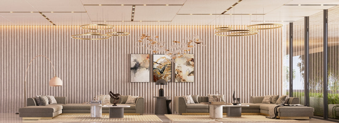 Modern lounge area with sectional sofas and artwork.