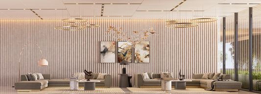 Modern lounge area with sectional sofas and artwork.
