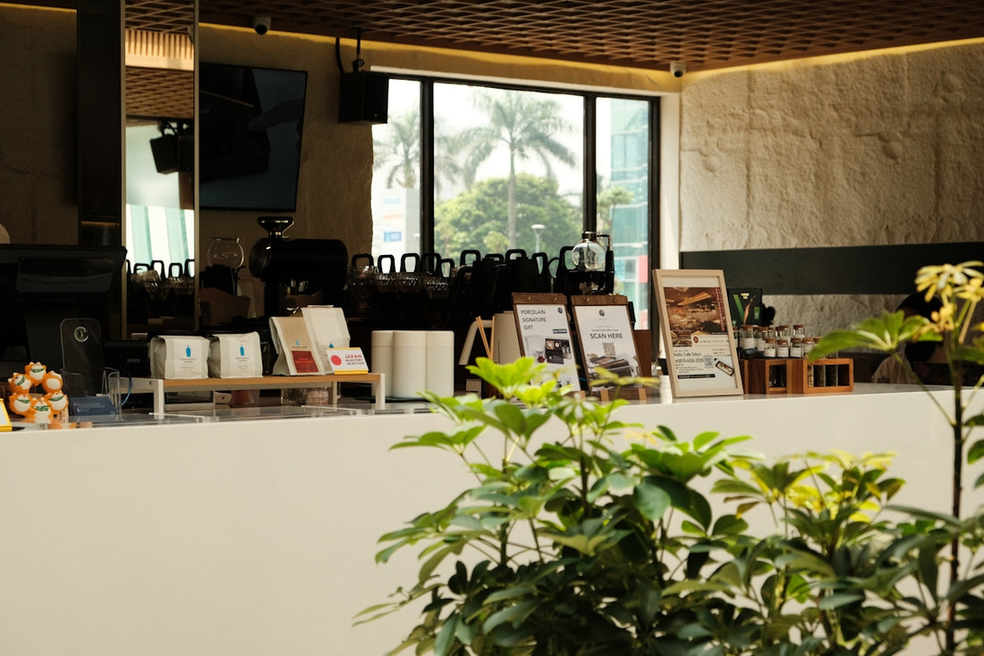 Modern cafe interior with counter and plants